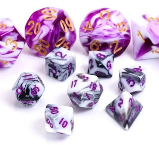 HD Mini Dice Set - Black/White Blend w/ Purple Text