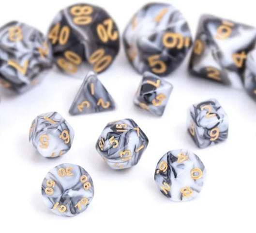 HD Mini Dice Set - Black/White Blend w/ Gold Text