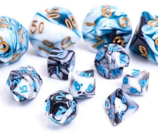 HD Mini Dice Set - Black/White Blend w/ Blue Text