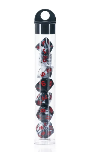 HD Mini Dice Set - Black/White Blend w/ Red Text (7ct)
