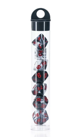 HD Mini Dice Set - Black/White Blend w/ Red Text (7ct)