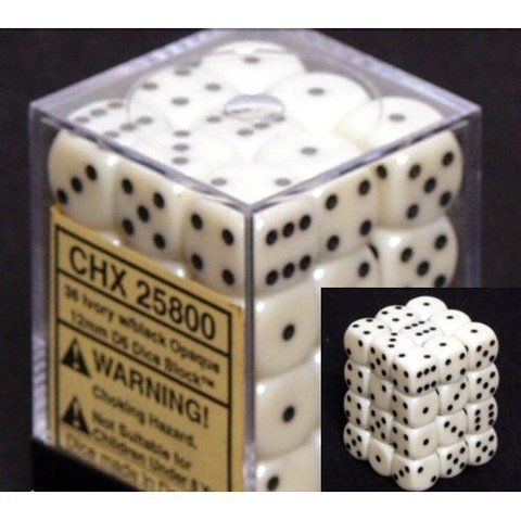 36 Ivory w/black Opaque 12mm D6 Dice Block - CHX25800