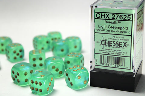12 16mm Light Green w/Gold Borealis D6 Dice - CHX27625