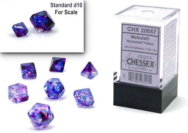 Chessex Mini Dice Set of 7: Nebula Luminary - Nocturnal w/ Blue - CHX20557