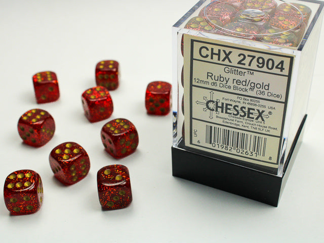 Glitter Ruby and Gold 36ct 12mm D6 Dice Block - CHX27904