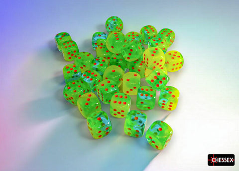 Chessex 12mm d6 Dice Set: Gemini - Plasma Green-Teal w/Orange - CHX 26870 (36)