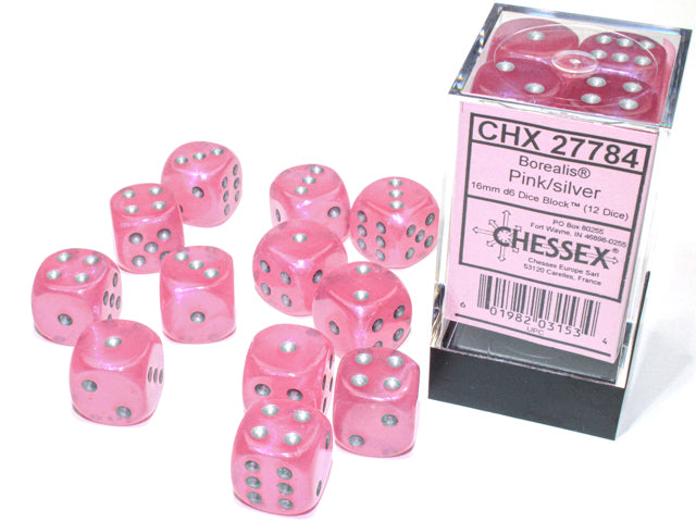 Chessex: D6 (12ct) 16mm: Borealis Pink/Silver - CHX27784