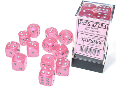 Chessex: D6 (12ct) 16mm: Borealis Pink/Silver - CHX27784