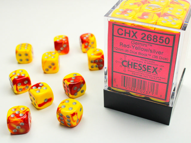 36 Gemini Red-Yellow/silver 12mm d6 Dice Block - CHX26850