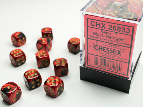 36 Black-Red w/gold Gemini 12mm D6 Dice Block - CHX26833