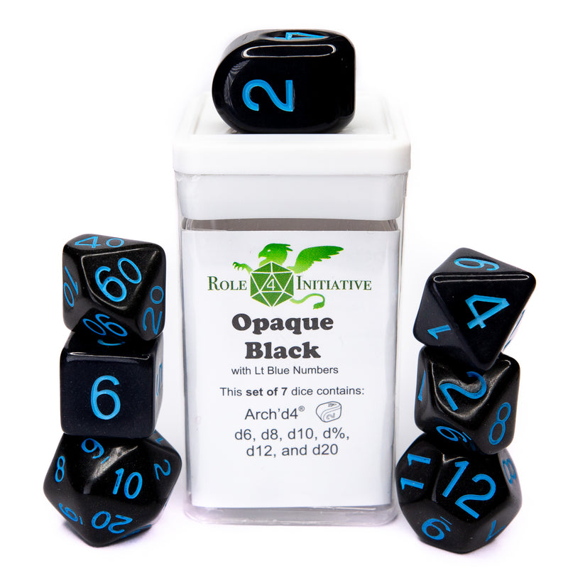 Role 4 Initiative - 7 Piece Dice Set (w/ Arch'd4) - Opaque Black w/ Lt Blue Ink