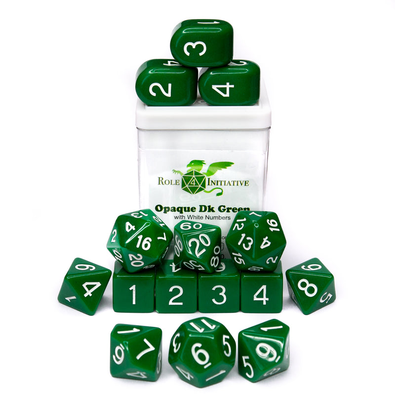 Role 4 Initiative - 15 Piece Dice Set (w/ Arch'd4) - Opaque Dark Green w/ White