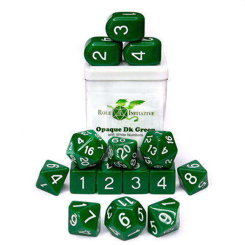 Role 4 Initiative - 15 Piece Dice Set (w/ Arch'd4) - Opaque Dark Green w/ White
