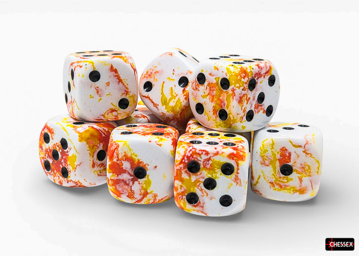 Chessex - 16mm d6 Dice Set: Brush - Sunrise/Black - CHX24603 (12 dice)
