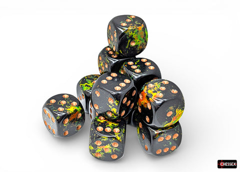 Chessex - 16mm d6 Dice Set: Brush - Deep Forest/Gold - CHX24605 (12 dice)