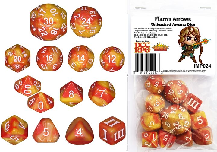 Dungeon Crawl Classics - 14pc Dice Set - Flame Arrows (Unleashed Arcana Dice)