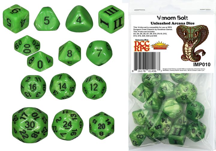 Dungeon Crawl Classics - 14pc Dice Set - Venom Bolt (Unleashed Arcana Dice)