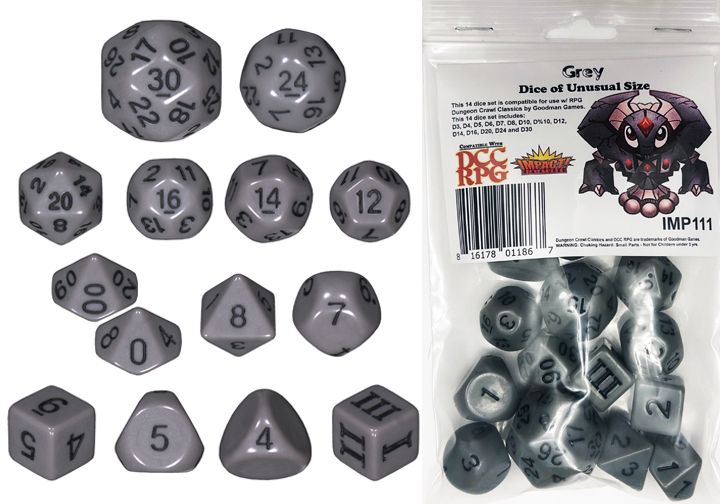 Dungeon Crawl Classics - 14pc Dice Set - Grey (Dice of Unusual Size)