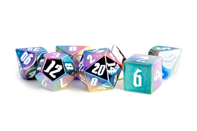 Metallic Dice Games - Rainbow Aegis w/ White Numbers - Aluminum Plated Acrylic Dice Set